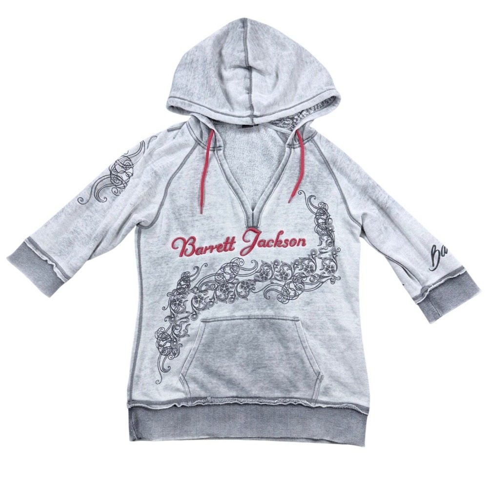 Barrett Jackson Women Gray Acid Wash V-Neck 3/4 Sleeve Hoodie Filigree Scroll L